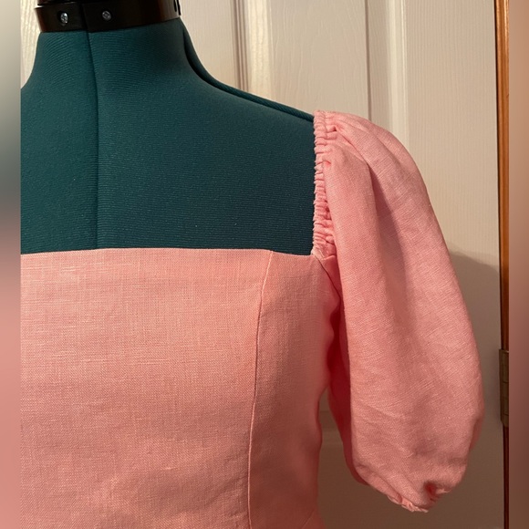 Verge Girl pink linen mini dress puff sleeves ruched back size 4 (Aus 8) - Picture 3 of 3